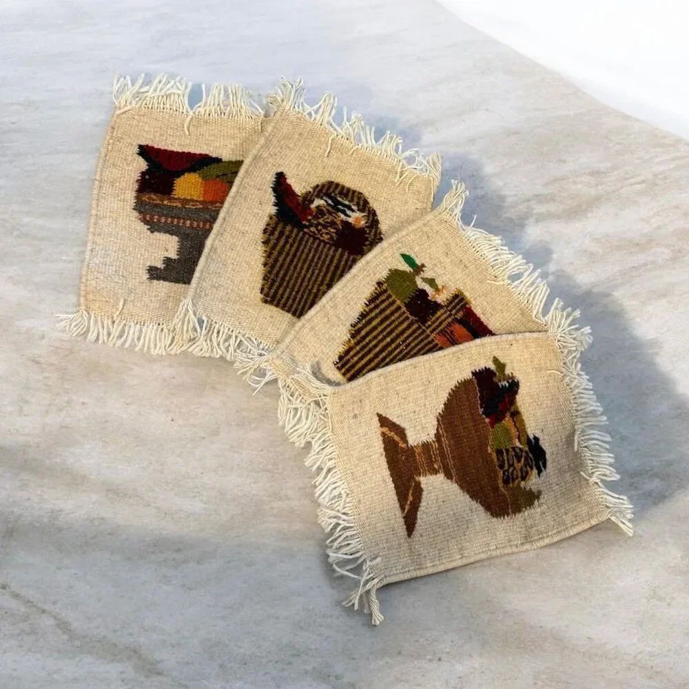 Wool Peru Basket Woven Wall Hanging Fringe Multi Use Set 4 Trivet VTG MCM